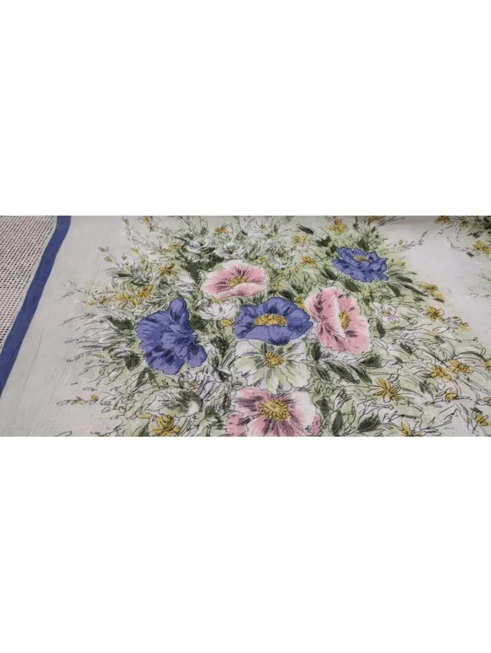 Vintage 1950s Fine Silk Scarf Periwinkle Flowers Pink Jade Green Hand Sewn Edges